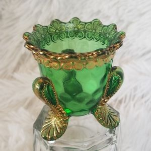 Antique EAPG Emerald Green Gold Gilded Toothpick Holder